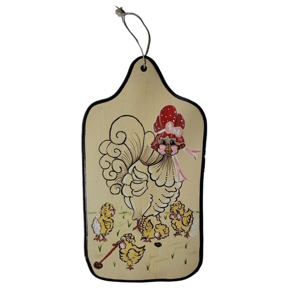 Handpainted Hen Chicks Hanging Wooden Board Country Farm Vintage Chickens Bonnet - Picture 1 of 7